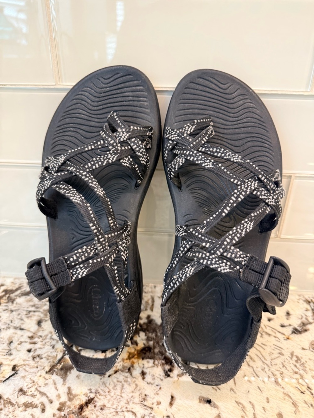 Chaco Women's Black and White Patterned Strappy Sandals